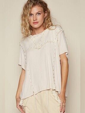 POL Pearl Embellished Distressed Tee - Cream